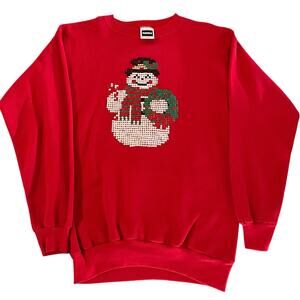 Vintage Size L Red Sequin Snowflake Sweatshirt Ugly Christmas Sweater Made in US
